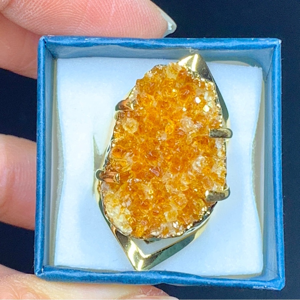 Raw Citrine High Grade Druzy Golden Adjustable Ring
